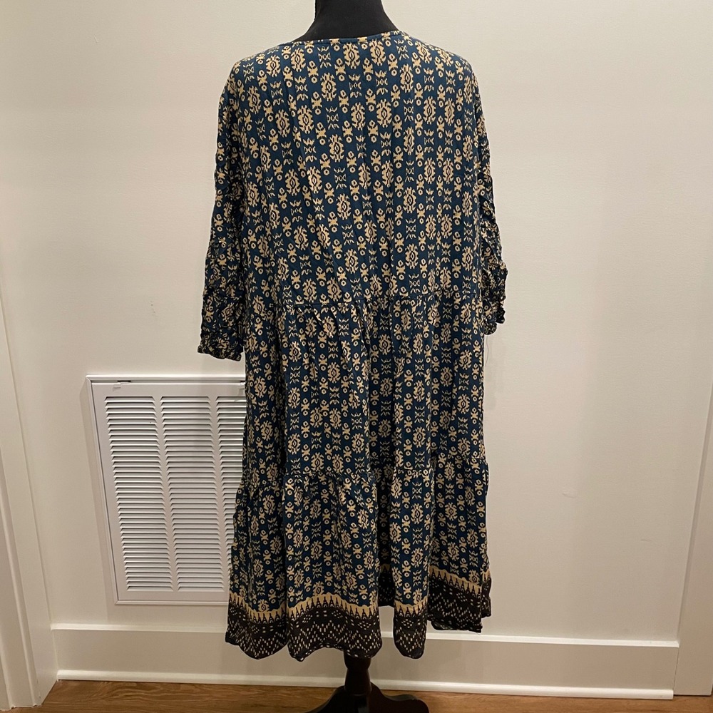 Ryllace Boho Floral V Neck Midi Dress Size 22 Teal Tan Tiered - Picture 3 of 6